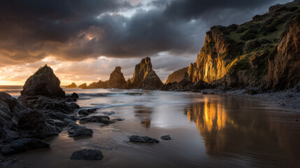 Wall Mural - Majestic coastal landscape featuring rugged cliffs and dramatic rock formations at sunset. golden light reflects on calm water, creating serene and picturesque scene
