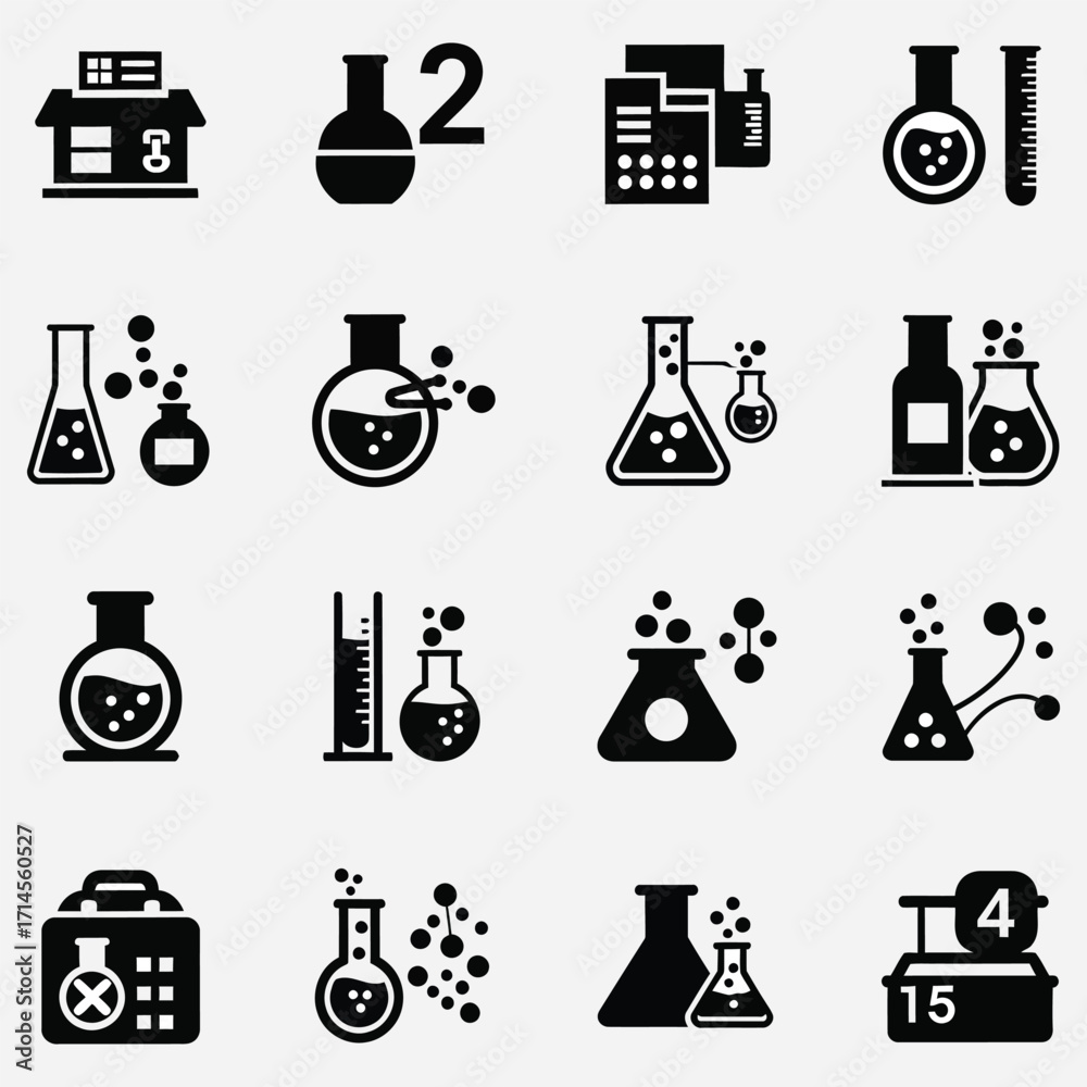 Collection of chemical laboratory icons and symbols representing ...