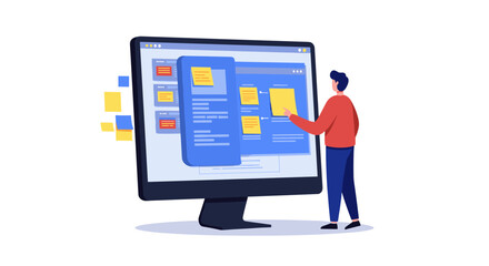 Interactive web design concept with developer and ui elements in modern flat style