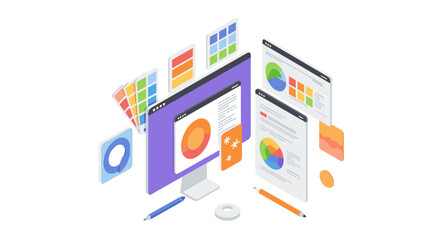 Modern isometric digital workspace with infographics and web design elements