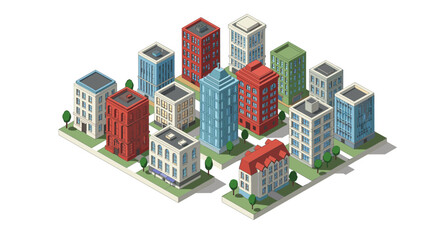 Isometric cityscape with colorful buildings and trees on white background