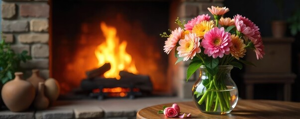 Wall Mural - A crackling fireplace with freshly cut flowers in a vase nearby, creating a juxtaposition of warmth and springtime freshness ,  life,  contrast,  elegance