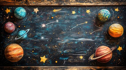 Wall Mural - Vibrant chalkboard style artwork depicting planets stars constellations and comets in a cosmic galaxy setting