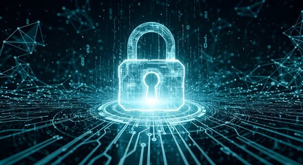 Cybersecurity lock shines in digital network space