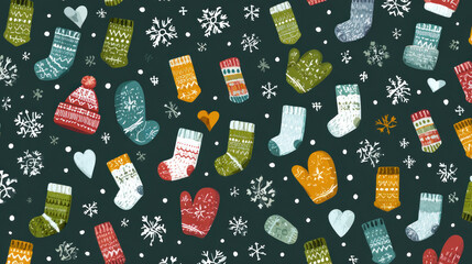 Christmas pattern wallpaper background design vector illustration of seamless stockings, hats, gloves, and snow
