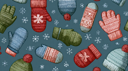 Christmas pattern wallpaper background design vector illustration of seamless stockings, hats, gloves, and snow