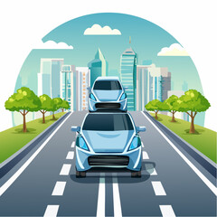 Wall Mural - Modern Cars on a Road to a City - Urban Transport and Commuting Concept