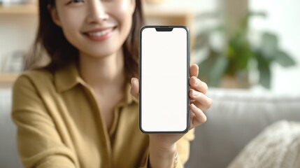 Captivating smile as woman presents blank smartphone screen showcasing potential in a modern serene home soft focus and