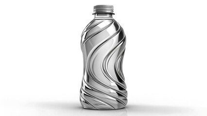 Silver plastic bottle with abstract wave pattern isolated on white background
