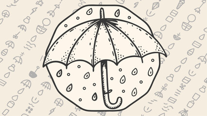 Wall Mural - Doodle style illustration of an umbrella with raindrops on a patterned background with rain elements design