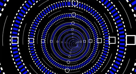 an abstract, three-dimensional tunnel or vortex created with blue and white geometric patterns, primarily circles and squares, against a black background.