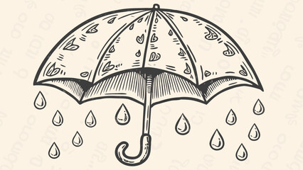 Wall Mural - Illustration of a vintage umbrella with heart and leaf designs and raindrops falling down around it