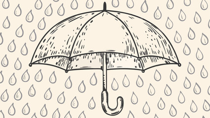 Wall Mural - Illustration of an umbrella surrounded by raindrops against a light background in a simple style