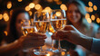 © syhin_stas - group of office workers laughing and toasting at corporate holiday party elegant clothing warm lighting festive celebration cheerful workplace seasonal joy stock photo
