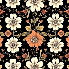 Wall Mural - Elegant Black Floral Pattern with Cream and Peach Flowers