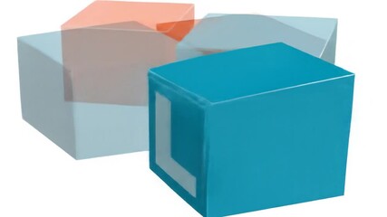 Three cubes intersect, colored orange, light blue, and blue with an 