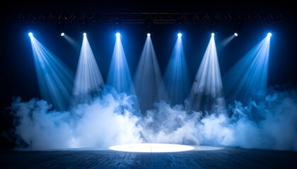 Wall Mural - Illuminated stage with scenic lights and smoke, yellow spotlight with smoke volume light effect on black background