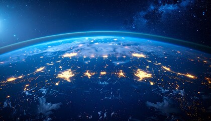 Wall Mural - Panoramic view on planet earth globe from space, glowing city lights, light clouds