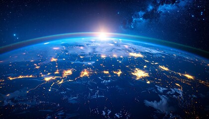 Wall Mural - Panoramic view on planet earth globe from space, glowing city lights, light clouds