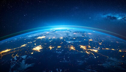 Wall Mural - Panoramic view on planet earth globe from space, glowing city lights, light clouds