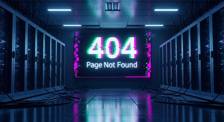 Server Room Displaying Error 404 Message with Glitch Effect and Reflective Floor