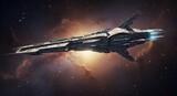 Nave espacial futurista brilla intensamente en nebulosa oscura Iluminacion dramatica realza detalles tecnologicos. AI Generated