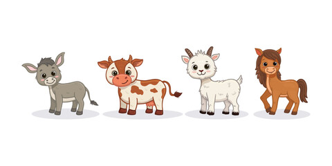 Wall Mural - Set of cartoon cute animals. Funny donkey, goat, horse and cow. Funny animals for magazines, postcards, cards. Vector illustration