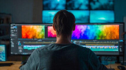this image captures a moment of modern technology use in a creative space. the central figure is seated at a computer desk, engrossed in video editing software visible on multiple screens
