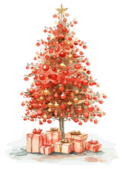 Wall Mural - PNG A red and gold decorated christmas tree with red and gold presents under the tree illustration watercolor festive.