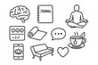 © Valentyna - Therapy & Mindfulness Icons. Mental health and therapy doodle icons including brain, journal, meditation pose, yoga mat, mood