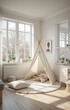 © Buszerza - Bright and inviting children's play area featuring a charming teepee tent, soft natural light, and minimalist decor for imaginative adventures