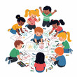 © muhammad - A diverse group of happy children sitting in a circle on the floor, drawing pictures together with crayons.