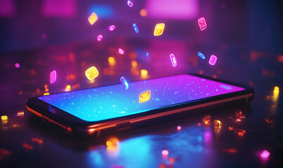 Colorful smartphone with floating message icons in vibrant digital environment, high resolution photo