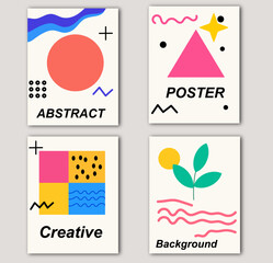 Wall Mural - Abstract poster set vector. Four colorful creative layouts with geometric shapes, doodle elements, wavy lines and minimal graphics for posters, templates, banner and graphic design projects.