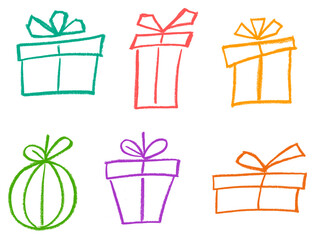 Wall Mural - Gift Present Box Simple Crayon Chalk Drawing Doodle Vector Set
