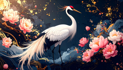 Naklejka na meble ゴールドと白のブラシストロークに舞うピンク飾りの白鶴の幻想的構図
