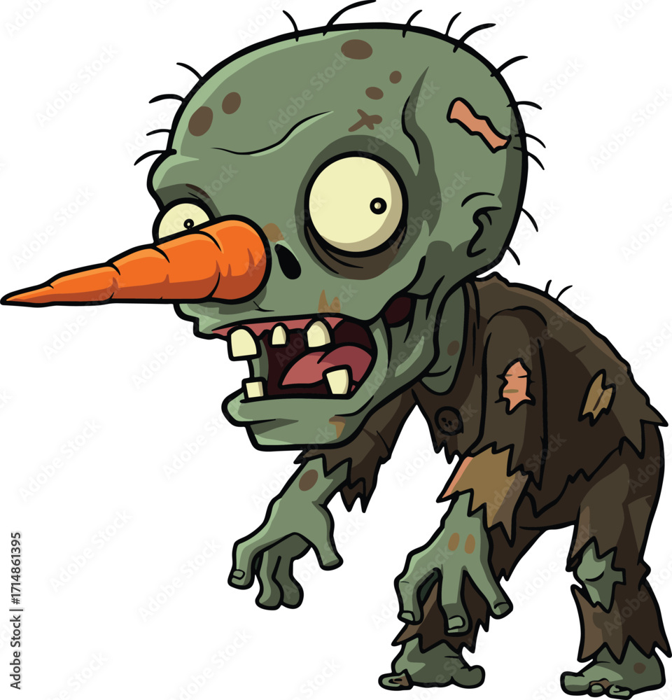 Cartoon zombie with carrot nose in tattered outfit and grotesque ...