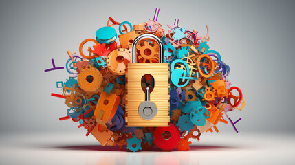 Data security concept with padlock surrounded by colorful abstract geometric shapes