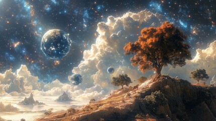 Wall Mural - Surreal Dreamscape: A surreal, dreamlike landscape where gravity doesnâ€™t apply. Floating islands, clocks melting off trees, and skies filled with swirling galaxies and oversized animals create a sen