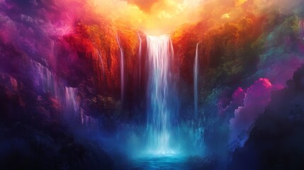 Wall Mural - Surreal Waterfall Over a Cliff into the Sky A surreal 3D waterfall flowing over a cliff, but instead of falling into a river, it cascades into the sky. The scene is filled with vibrant colors, and the