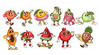 © Victoria Sergeeva - Groovy fruit and berry cartoon characters activity set. Funny retro personages walk with rubber ring and surfboard, skateboard. Fruit mascot, cartoon stickers of 70s 80s style vector illustration