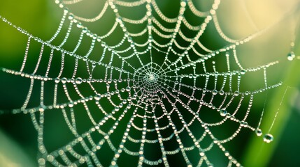 The fine texture of a spiderâ€™s web covered in morning dew â€“ A detailed shot of delicate, geometric patterns of the web with sparkling droplets of dew hanging from each thread --ar 16:9 --v 6.1 Job