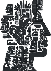 Wall Mural - An abstract black and white illustration featuring stylized figures and symbols with cultural significance.