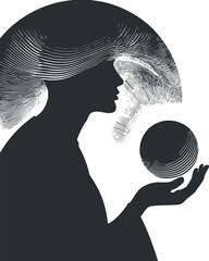 Wall Mural - Abstract silhouette of a woman holding a circle with flowing lines symbolizing balance and energy.