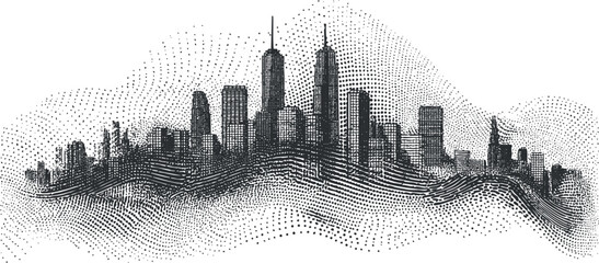 Stylized black and white skyline illustration featuring modern urban architecture in an abstract design.