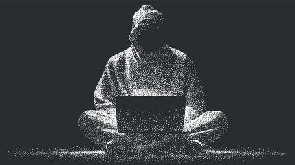 A mysterious silhouette of a person sitting cross-legged with a laptop in a dark setting.