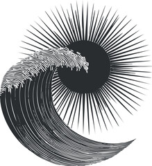 Wall Mural - Abstract illustration of a wave and sun with rays creating a harmonious nature design.
