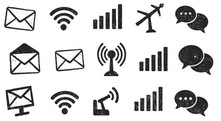 Grunge style communication icons set with email, wifi, antenna, and chat symbols