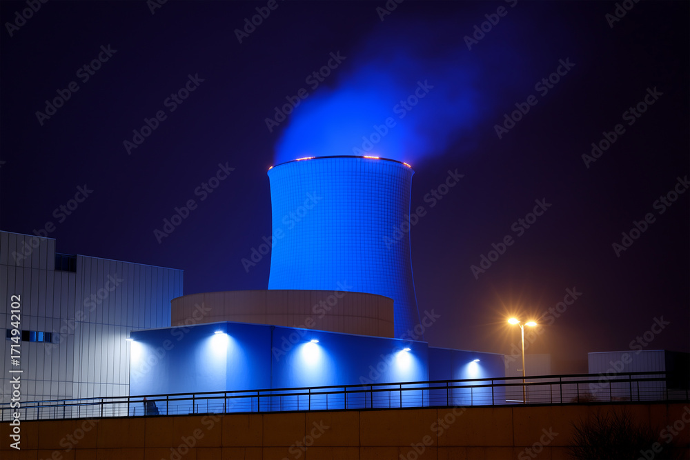 Power plant cooling tower emits blue steam at night in cityscape Stock ...