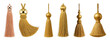 © PixeloAI - Decorative tassel set including gold and rose gold colors with various ornate finials isolated. Elegant design elements for decor, fashion, or embellishment.
